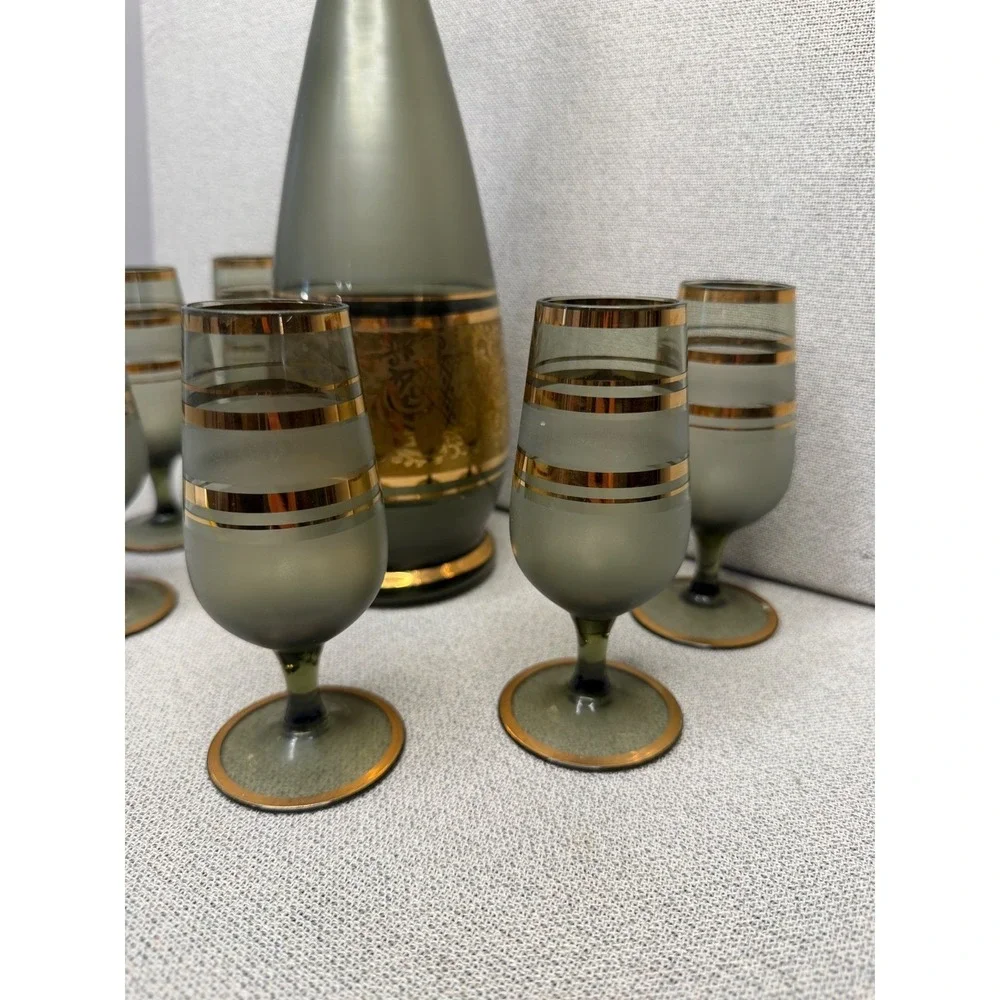 Vintage‎ Smoky Gray Gold Decanter Set 6 Cordial Glasses MCM Hollywood Regency